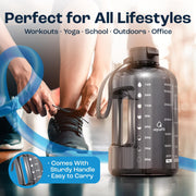 AQUAFIT 1 Gallon Water Bottle with Time Marker | BPA Free 128 oz Water Bottle with Straw and Chug Lids - Leakproof Gym Water Bottle with Carry Handle (Gray)