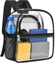 Clear Backpack for Stadium Events Stadium Approved Sports Fan Backpacks | Mini Small Clear Bag 12x12x6 Heavy Duty with Front Pocket for Sport Concert Work Travel（Nylon Shoulder Straps,Black）