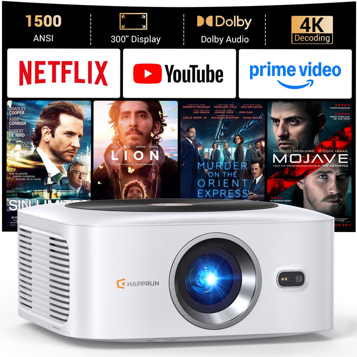HAPPRUN 1500 ANSI Smart Outdoor Projector, Built-in Apps, 30W Dolby Audio | 4K Decoding,Auto Focus,10K+ Apps,Movie Projector with WiFi Bluetooth,Portable Indoor Proyector Compatible with Phone/TV Stick