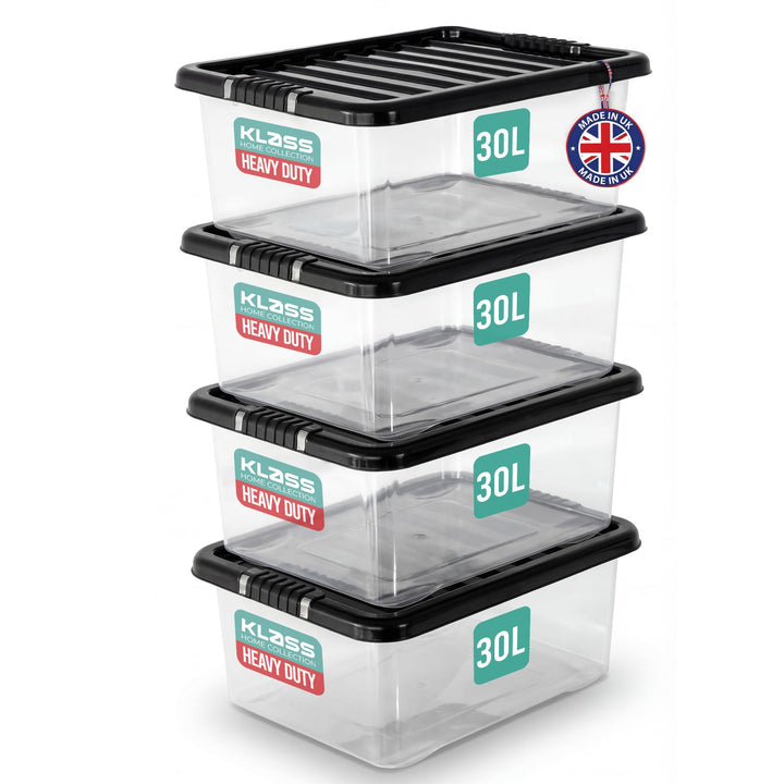 KLASS 4 PCS 30L Plastic Storage Boxes with Lids, Clear Underbed Storage Box | 4 Pack, 30 Litre Multipurpose Nestable Stackable Storage Box, Clear Plastic Storage Containers For Home, Kitchen, Office