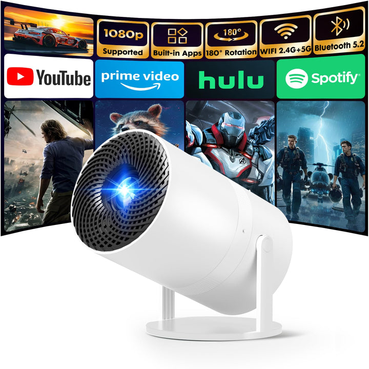 [Built-in Apps] Mini Projector with Wifi and Bluetooth 1080P Supported | Portable Small Projector with Android 14, 180° Rotation/Manual Focus/Auto Keystone, Compatible with HDMI/USB/Smartphone