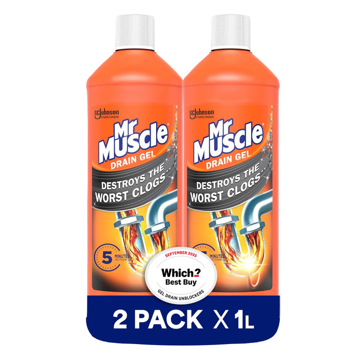 Mr Muscle Drain Unblocker 2x1L, Heavy Duty Fast Acting Gel Sink Unblocker | Heavy-duty drain gel dissolves stubborn clogs fast, works 3x better than bleach and is safe for all pipe types.