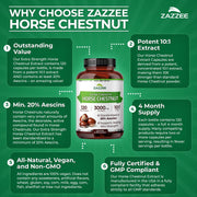 Zazzee Extra Strength Horse Chestnut 10:1 Extract, 20% Aescins, Vegan | 120 Capsules, 4 Month Supply, Aesculus Hippocastanum, Healthy Circulation & Blood Flow Support, Non-GMO, Made in the USA