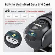 SEHMUA 4G LTE Cellular Solar Security Camera Wireless Outdoor, No Wi-Fi Solar Powered Camera, 360° Live View, 2K Color Night Vision, PIR Motion Sensor, Two-Way Talk, Built-in SIM Card