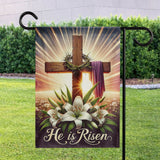 He Is Risen Wooden Cross Lily Easter Garden Flag