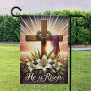 He Is Risen Wooden Cross Lily Easter Garden Flag