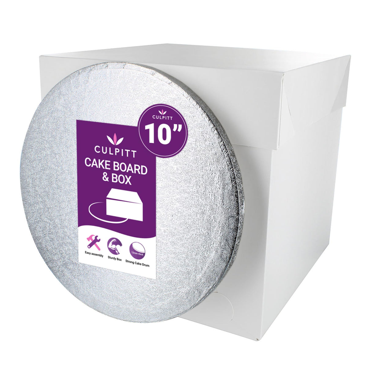 Culpitt 10" (25.5cm) Silver Cake Board & Tall White Box Set | 1.2cm Thick Board, Extra Tall White Box, 25.5 x 25.5 x 25.5cm, For 8" Sponge Cake, Easy To Assemble, Transport & Storage