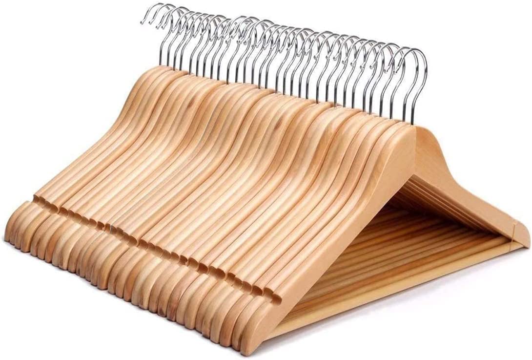 KEPLIN Strong Walnut Wood Wooden Coat Hangers with 360 Degree Rotatory Hook & Round Trouser Bar & Shoulder Notches - Durable Wardrobe Space Saver (Natural, 20 Pack)