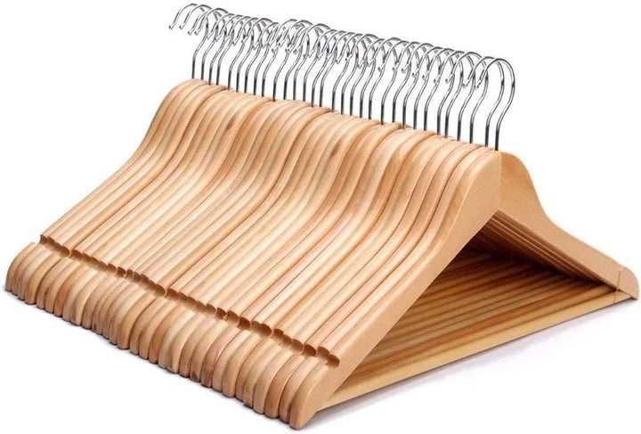 KEPLIN Strong Walnut Wood Wooden Coat Hangers with 360 Degree Rotatory Hook & Round Trouser Bar & Shoulder Notches - Durable Wardrobe Space Saver (Natural, 20 Pack)