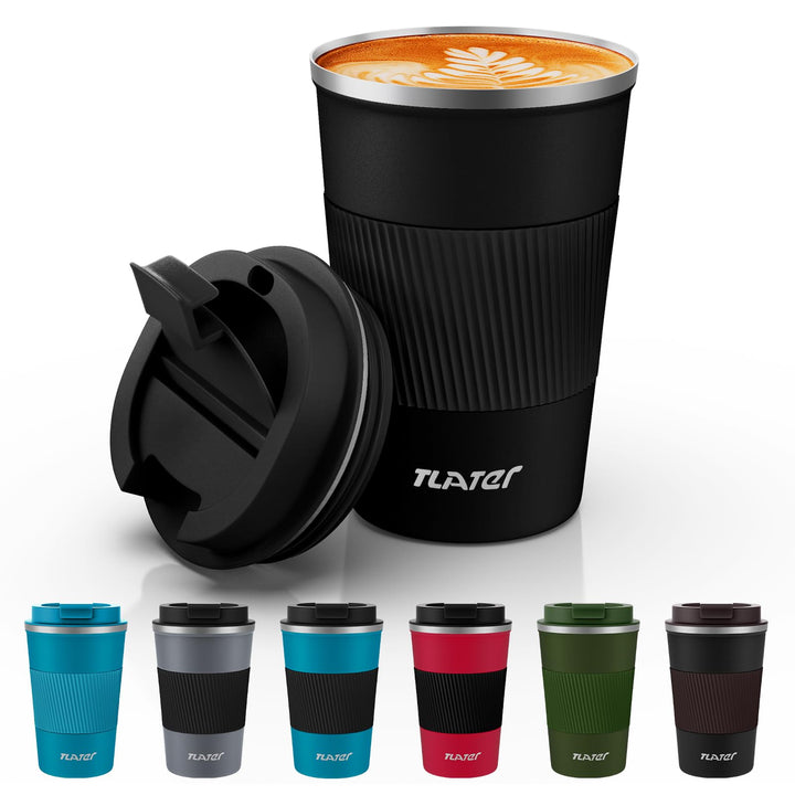 Tlater Coffee to go Mug, 380 ml, with Leak-Proof lid, Double-Walled, Stainless Steel, for Coffee and Tea (Black)