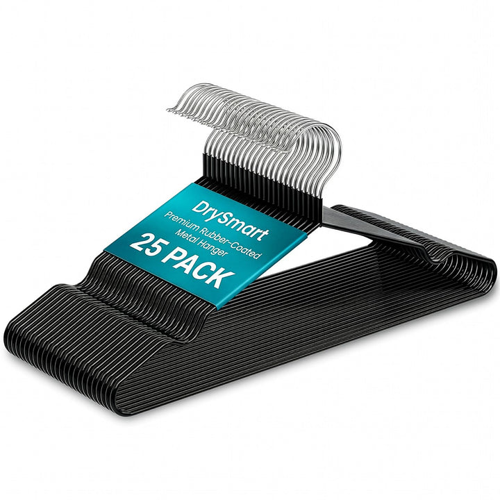 DrySmart Premium Rubber-Coated Metal Clothes Hangers – Heavy-Duty, Non-Slip, Space-Saving Coat Hangers for Adults, Ideal for Shirts, Suits, Jackets & Wardrobes (Black, 25 Pack)