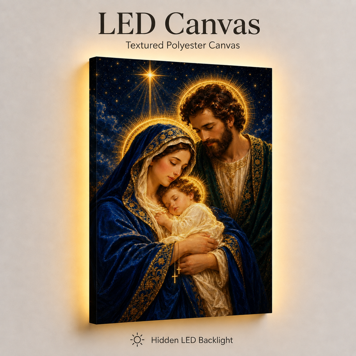 LED Holy Family Radiant Night Canvas/Mica – Christian Wall Art with Hidden Backlight