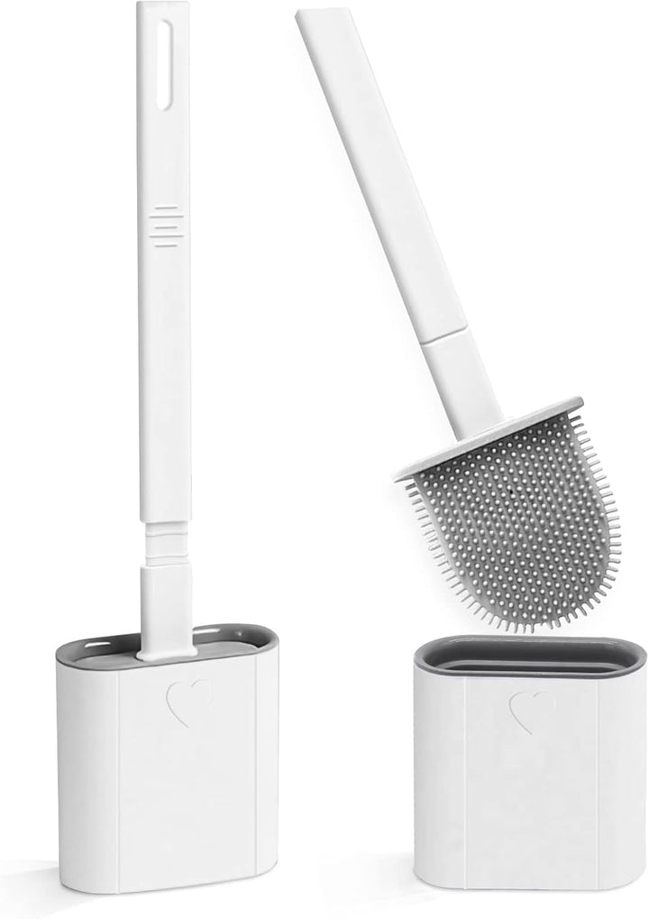 Toilet Brush, 2 Pack Bathroom Silicone Toilet Brushes and Holder Sets with No-Slip Long Plastic Handle and Soft Flexible Bristles, Toilet Brushes with holders and Base for Anti-drip (White)