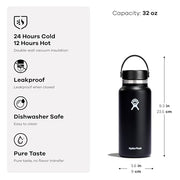 Hydro Flask Water Bottle - Insulated Stainless Steel - Wide Mouth Flex Lid, Non Spill, Leakproof and Refillable in 32 Oz Black