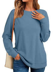 RUMIA Crewneck Fall Sweatshirt for Women Plain Long Sleeve Top with Pocket | Ladies Crew Neck Casual Sweaters Outfits