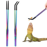 OLIISS Iridescent Reptile Feeding Tongs with Rubber Tips, 10.6", 2 Pack | Straight & Curved, Stainless Steel, Secure Grip, Feeder Tools for Bearded Dragons, Geckos & Lizards, Terrarium Tank Supplies