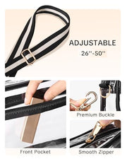 BS-VOG Clear Bag for Stadium Events, Clear Crossbody Purse for Women | Water-Resistant PVC, Wide Removable Adjustable Strap, Extra Front Pocket, Zippered Closure, Fits Phone Wallet Keys
