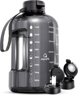 AQUAFIT 1 Gallon Water Bottle with Time Marker | BPA Free 128 oz Water Bottle with Straw and Chug Lids - Leakproof Gym Water Bottle with Carry Handle (Gray)