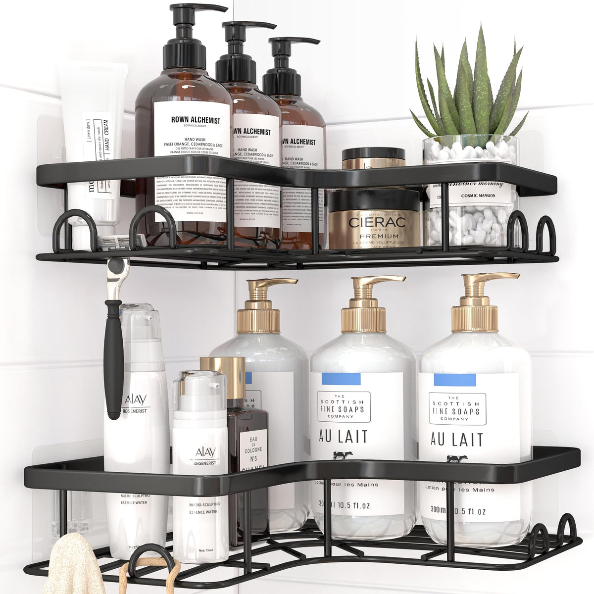 Kitsure Corner Shower Caddy, Rustproof Bathroom Shelves, Large, Black | 2 Pack Corner Shower Shelf with 4 Hooks, Drill-Free Adhesive Mount, Large Capacity Bathroom Storage, Quick Drain & Durable