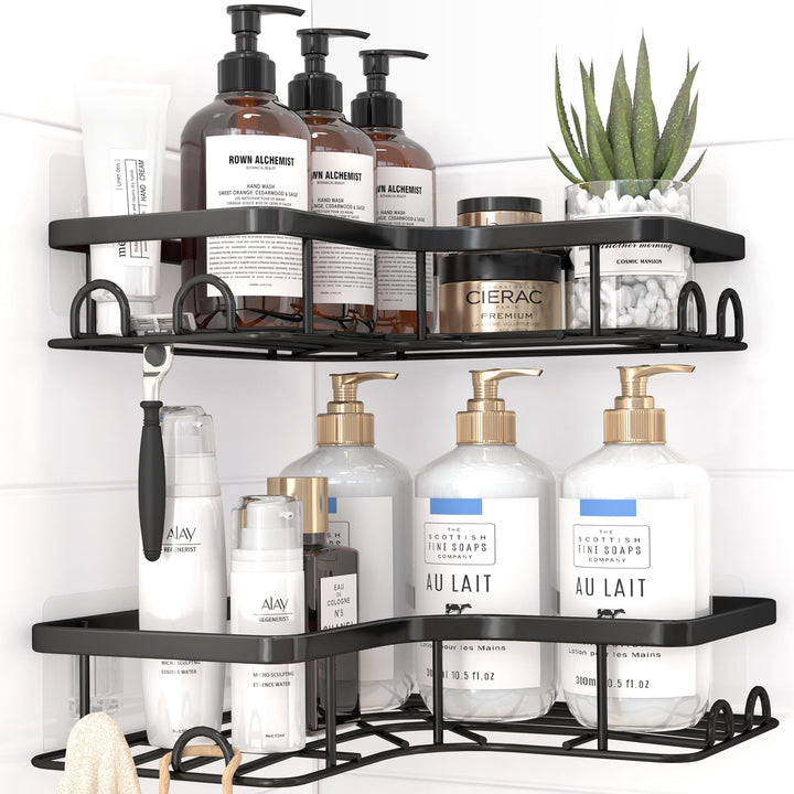Kitsure Corner Shower Caddy, Rustproof Bathroom Shelves, Large, Black | 2 Pack Corner Shower Shelf with 4 Hooks, Drill-Free Adhesive Mount, Large Capacity Bathroom Storage, Quick Drain & Durable