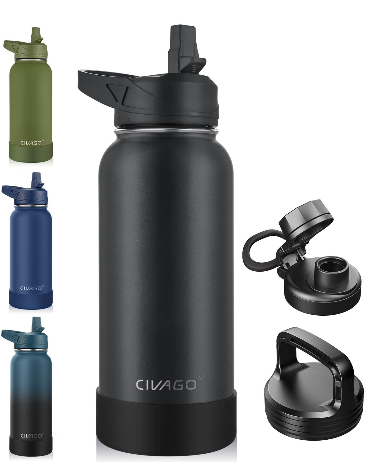 CIVAGO 32 oz Insulated Stainless Steel Water Bottle With Straw and 3 Lids | Large Metal Sports Water Jug, Leakproof Reusable Wide Mouth Thermal Flask Cup with Silicone Boot, BPA-Free, Black