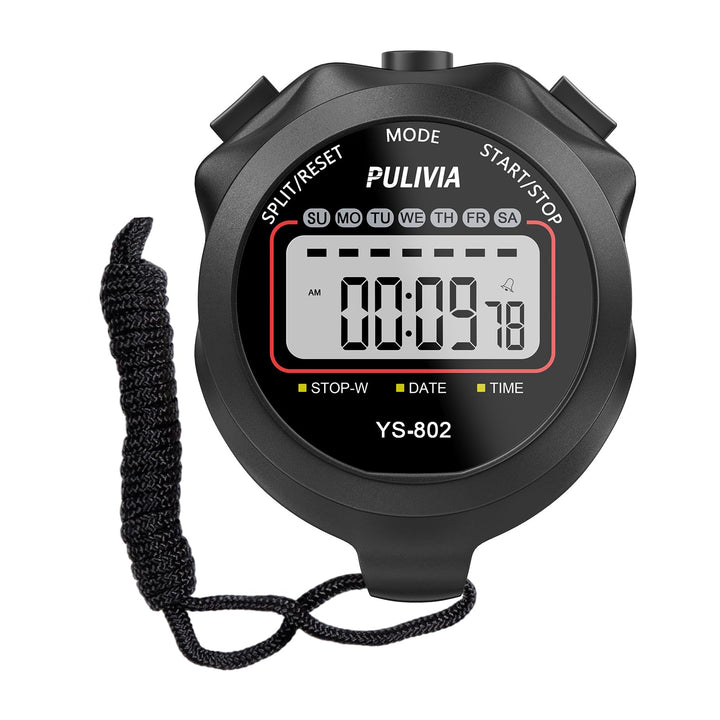 PULIVIA Stopwatch Timer, Digital Stop-Watch for Sports, Black | Multi-function Stopwatch with Single Split/Lap Timing, Button Beep Alarm Clock, Ideal for Coaches Kids PE-teacher