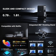 【Officially-Licensed APP & Native 1080P】Thinnest 1.81" Smart Mini Projector with WiFi and Bluetooth, Auto Focus & Keystone Portable Outdoor Projector, VOPLLS 250 ANSI 4K Home Movie Projector