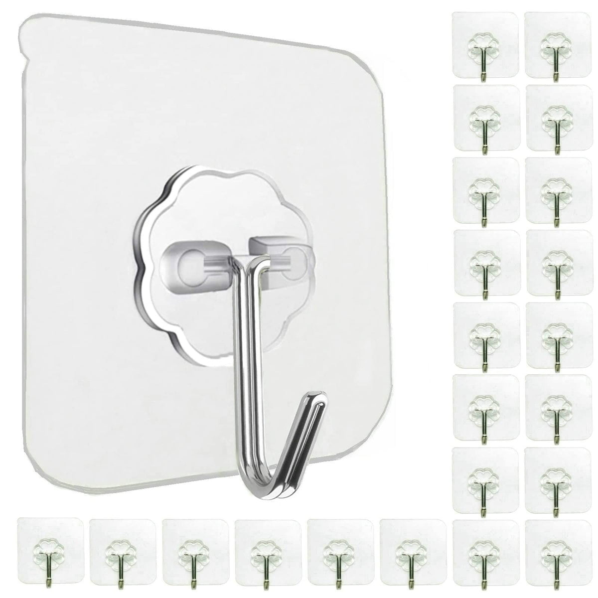 Jiaweixiang 24 Pack Self Adhesive Hooks Heavy Duty 15kg(Max) Wall Hooks | Waterproof Transparent Hooks for Hanging, Load No Damage Sticky Hooks for Keys,Bathroom,Shower,Outdoor,Kitchen,Door,Home