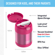 THERMOS FUNTAINER Kids Food Jar with Spoon, 10oz, Pink | Kid-Friendly Stainless Steel Insulated Food Container, Keeps Food Hot or Cold Longer for School & Play, BPA Free