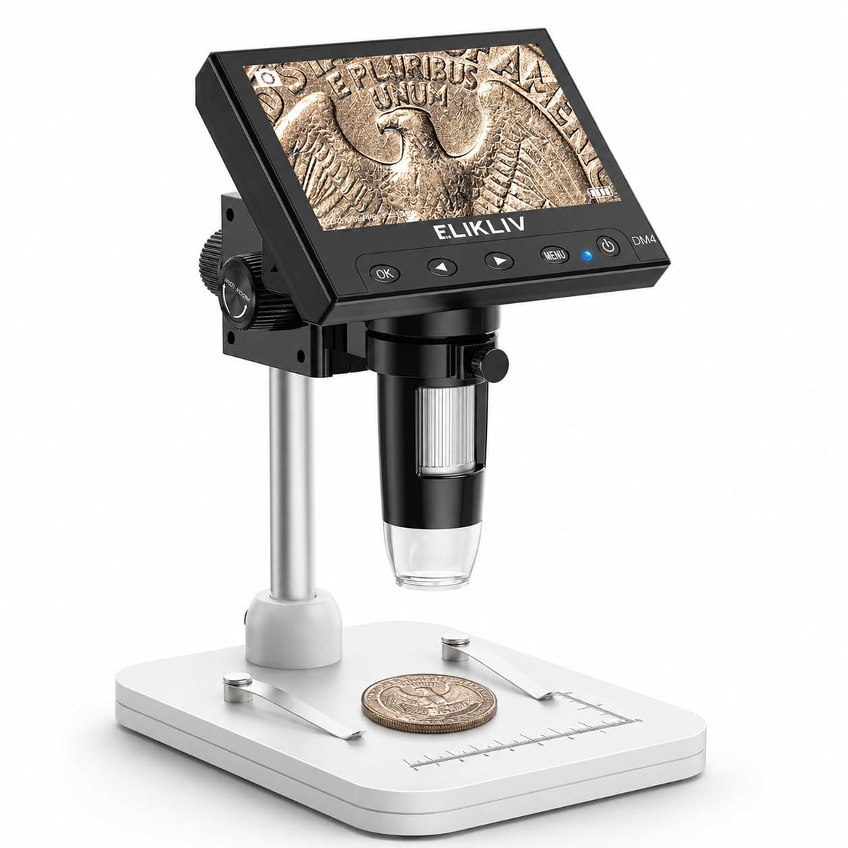 Elikliv Microscope, Digital Coin Microscope 1000x with Lights, EDM4, 4.3'' | 8 Adjustable LED Lighting, 720P LCD Microscope, Built-in Rechargeable Battery, Take Photos/Videos, Windows/MacBook Compatible