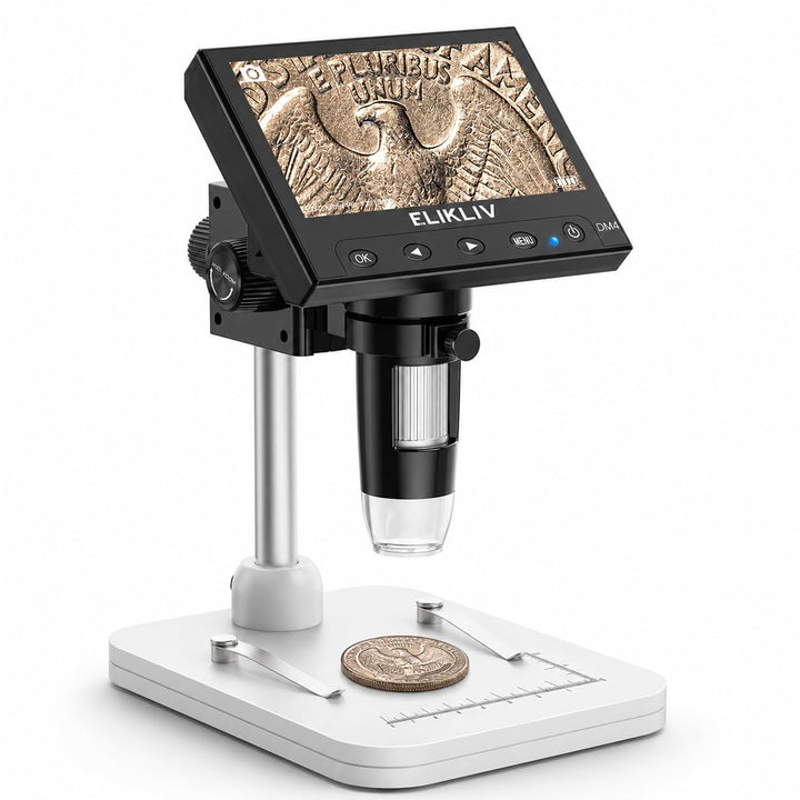 Elikliv Microscope, Digital Coin Microscope 1000x with Lights, EDM4, 4.3'' | 8 Adjustable LED Lighting, 720P LCD Microscope, Built-in Rechargeable Battery, Take Photos/Videos, Windows/MacBook Compatible