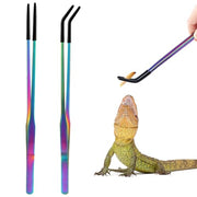 OLIISS Iridescent Reptile Feeding Tongs with Rubber Tips, 10.6", 2 Pack | Straight & Curved, Stainless Steel, Secure Grip, Feeder Tools for Bearded Dragons, Geckos & Lizards, Terrarium Tank Supplies