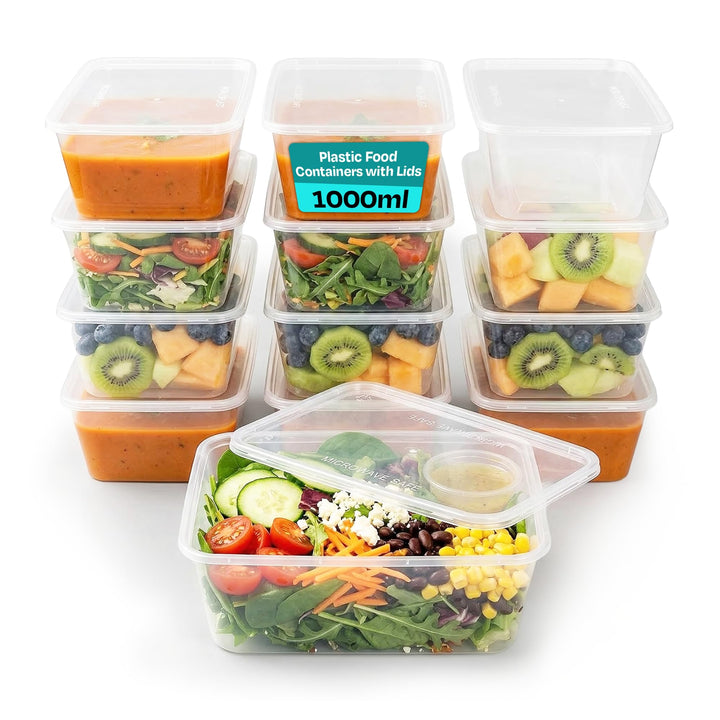 We Can Source It Ltd 50 x 1000ml Plastic Microwave & Freezer Safe Food Containers with Lids - BPA-Free, Reusable, Takeaway Meal Prep Containers - Catering Grade Food Storage Boxes for Home & Business