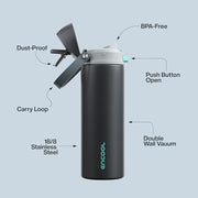 Insulated Water Bottle with Straw - Encool Stainless Steel Water Bottle with Push Button Lid, Leak-Proof & BPA-Free, Keeps Cold for 24 Hours for Sports, Travel, Gym (24 oz, Tuna Grey-Green)