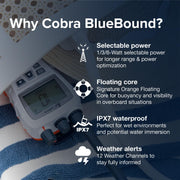 Cobra BlueBound 350 VHF Handheld Marine Radio - White, 6-Watt, Floats | Long Range, NOAA Weather Alerts, International Functionality, IPX7 Waterproof, USB-C, Submersible, LCD Screen, Belt Clip