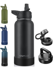 CIVAGO 32 oz Insulated Stainless Steel Water Bottle With Straw and 3 Lids | Large Metal Sports Water Jug, Leakproof Reusable Wide Mouth Thermal Flask Cup with Silicone Boot, BPA-Free, Black