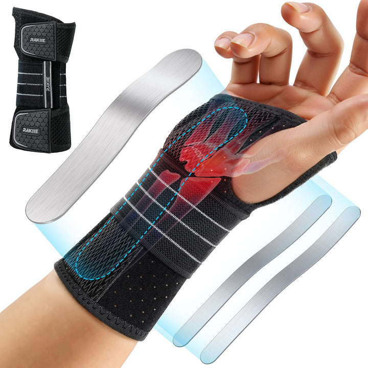 Rakiie Carpal Tunnel Wrist Brace Ergonomic Night Splint, Gray | Breathable Fabric, 3 Metal Stabilizer, Ideal For Work, Arthritis, Tendonitis Relief, Fits Men Women, Right Hand Medium