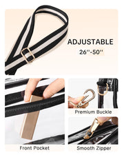 BS-VOG Clear Bag for Stadium Events, Clear Crossbody Purse for Women | Water-Resistant PVC, Wide Removable Adjustable Strap, Extra Front Pocket, Zippered Closure, Fits Phone Wallet Keys