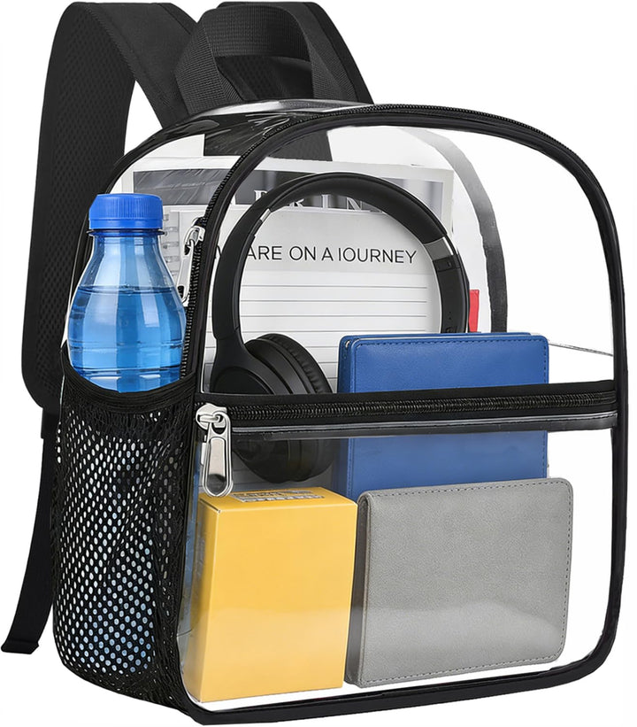 Clear Backpack for Stadium Events Stadium Approved Sports Fan Backpacks | Mini Small Clear Bag 12x12x6 Heavy Duty with Front Pocket for Sport Concert Work Travel（Nylon Shoulder Straps,Black）