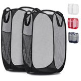 Handy Laundry Mesh Pop-Up Hamper Collapsible with Side Pocket 2-Pack | Breathable foldable design saves space; wide opening makes loading easy. Sturdy build stores clothes neatly. Black.