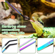 OLIISS Iridescent Reptile Feeding Tongs with Rubber Tips, 10.6", 2 Pack | Straight & Curved, Stainless Steel, Secure Grip, Feeder Tools for Bearded Dragons, Geckos & Lizards, Terrarium Tank Supplies