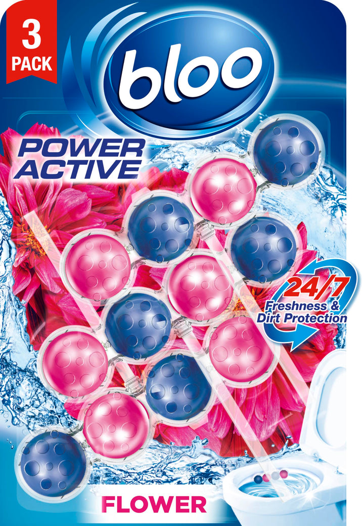 Bloo Power Active Toilet Rim Block & Freshener, Fresh Flowers, Pack of 3 | Hanging Toilet Bowl Cleaner, Visible Active Cleaning Foam, Dirt Protection, Anti-Limescale, Clean Scent