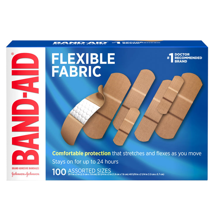 BAND-AID Brand Flexible Fabric Adhesive Bandages, Assorted Sizes, 100 Count | Comfortable Protection, Sterile Wound Care for Minor Cuts, Scrapes & Burns, First Aid Kit Essential, Non-Stick Hurt-Free Pad