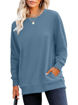 RUMIA Crewneck Fall Sweatshirt for Women Plain Long Sleeve Top with Pocket | Ladies Crew Neck Casual Sweaters Outfits