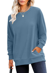 RUMIA Crewneck Fall Sweatshirt for Women Plain Long Sleeve Top with Pocket | Ladies Crew Neck Casual Sweaters Outfits