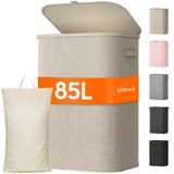 Lifewit 85L Laundry Basket with Lid, Foldable, Handles & Bag, Beige | Large Dirty Clothes Organiser with Plastic Frame for Laundry Room, Bedroom and Bathroom