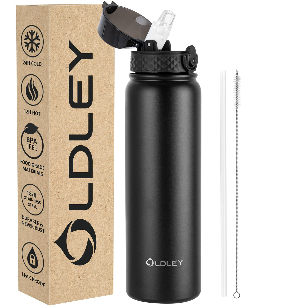 OLDLEY Stainless Steel Water Bottle with Straw 1L Vaccum Insulated Large Drink Flask Metal Water Bottles 1 Litre Leakproof Keep Drinks Hot Cold for Bike Sports Gym Adult Women Men(Black,1 Lid)