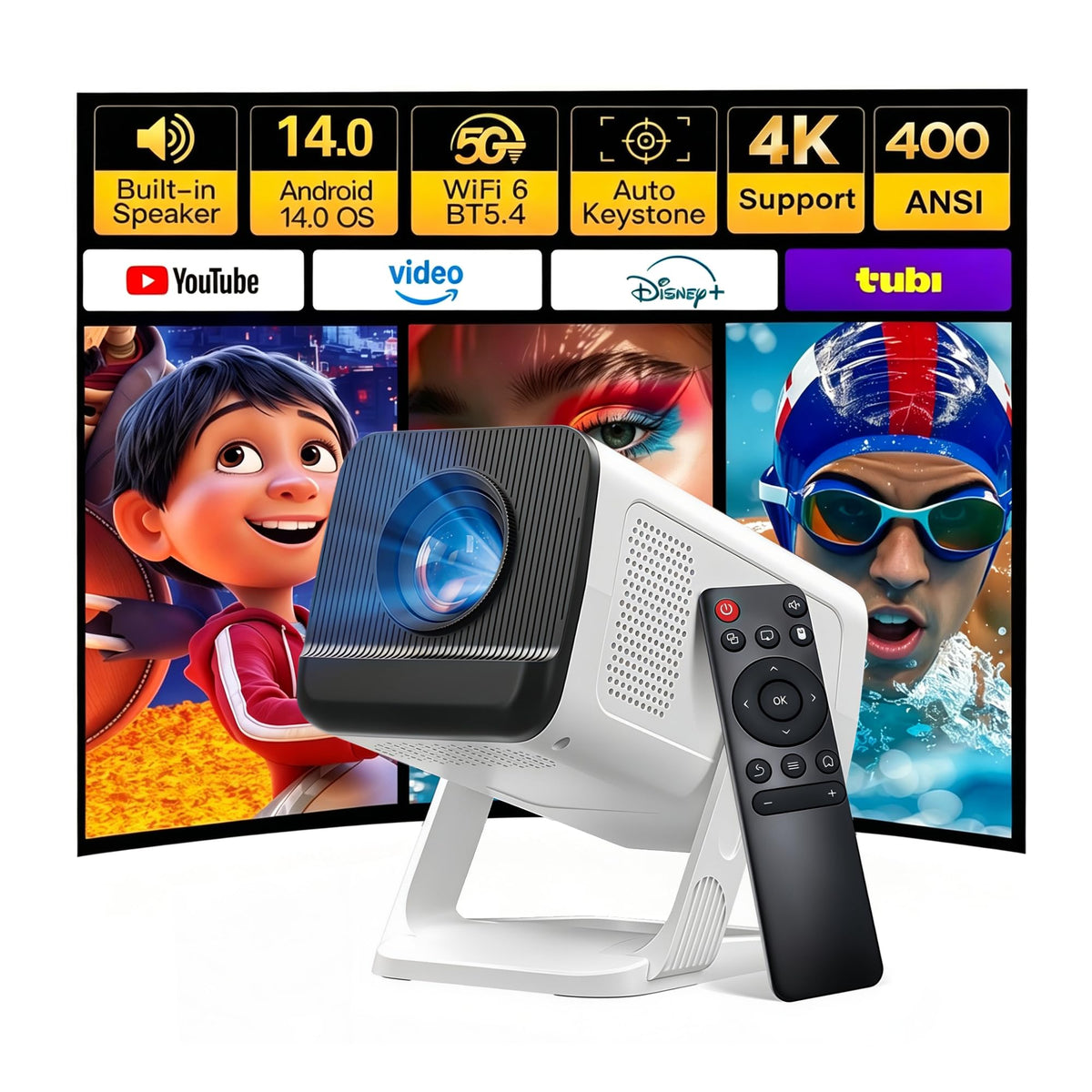 Built-in Apps 1080P 4K Support Mini Projector with Android 14, Phone Remote | Portable Smart Projector with WiFi 6 and Bluetooth 5.4 for Bedroom Auto Keystone Compatible with Netflix/iOS/HDMI/TV Stick X1
