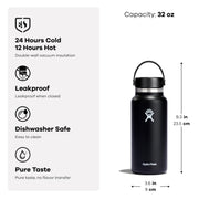 Hydro Flask Water Bottle - Insulated Stainless Steel - Wide Mouth Flex Lid, Non Spill, Leakproof and Refillable in 32 Oz Black