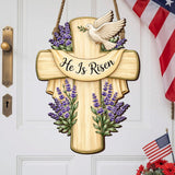 Lavender Bloom He Is Risen Cross Hanging Sign for Easter Door and Wall Decor